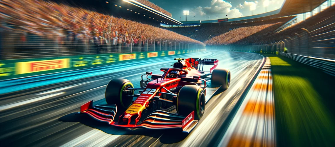 DALL·E 2024-06-06 16.21.52 - A high-resolution photograph of a Formula 1 race car speeding on the track, showcasing vivid corporate sponsorship logos, dynamic motion blur, and a v